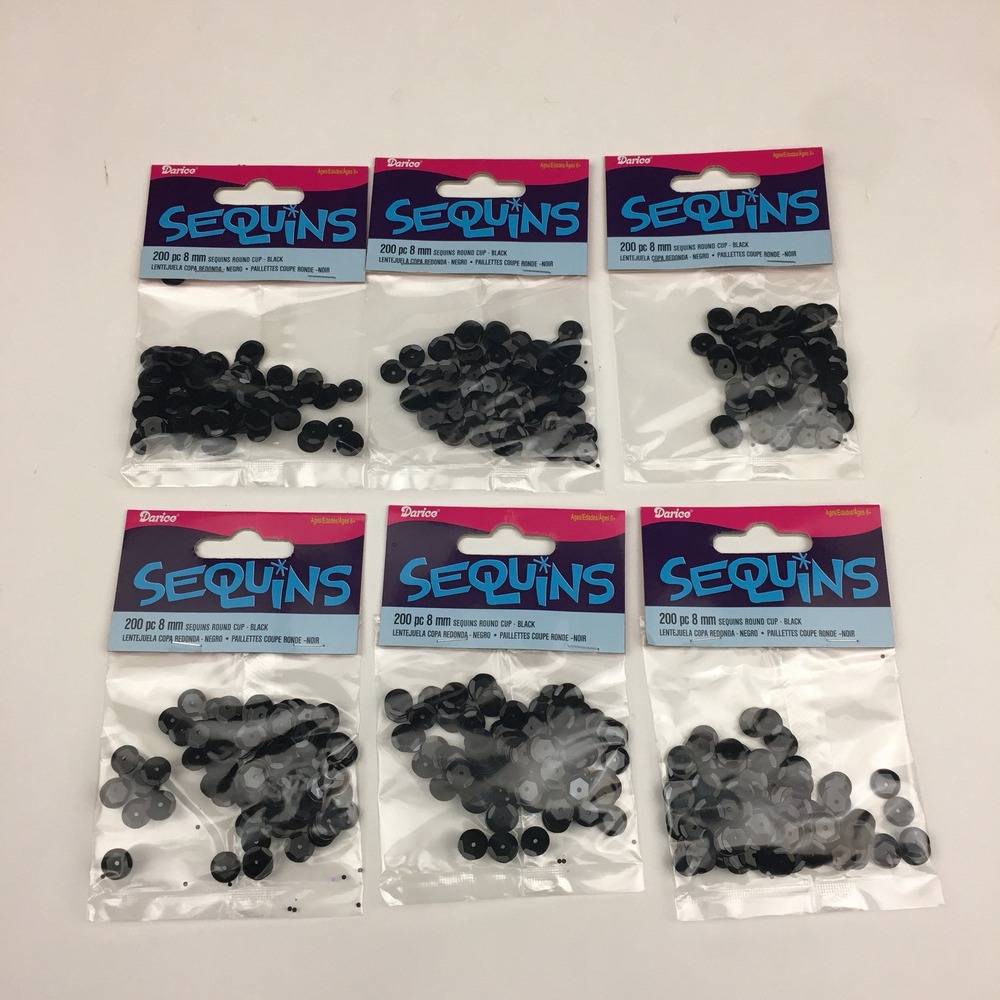 Darice Black Sequins Round Cup 200 pc each 8mm 6 Packs‎ Art Crafting Supply